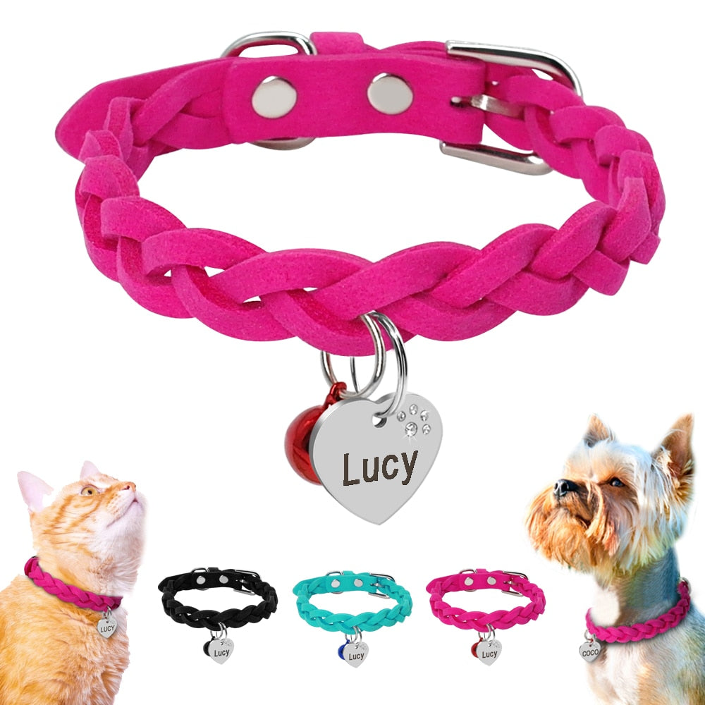 Dog Leather ID Tag Kitten Braided Collars