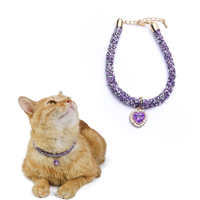 Heart Pendant Rhinestone Cat Collar