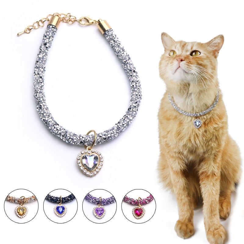 Heart Pendant Rhinestone Cat Collar