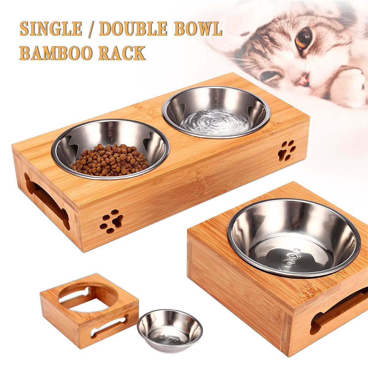 Cat Bamboo Plate Double Bowl